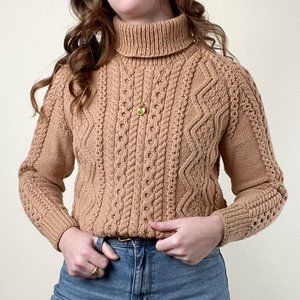 Vintage 100% Wool Cable Knit Turtleneck Oversized Sweater Preppy Fisherman Camel